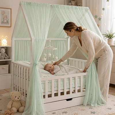 Maman met son bébé au lit decoré d'un Ciel de lit enfant vert