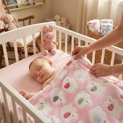 Maman prend soin de son bébé en le couvrant avec sa Couverture bébé rose