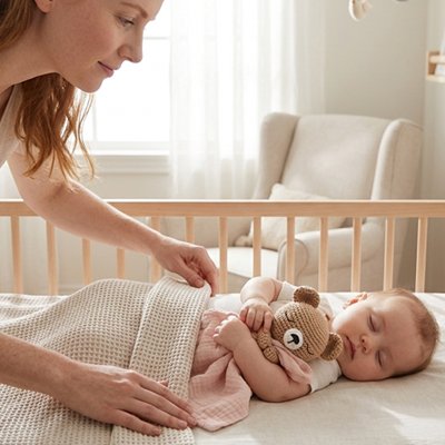 maman prend soin de son bébé qui dort avec le Doudou bebe 