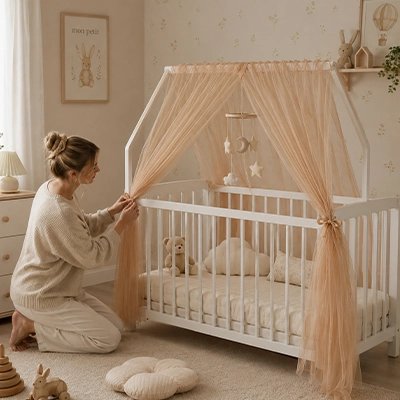 Maman prepare le Ciel de lit enfant pour son bébé