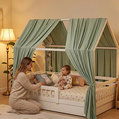maman prepare le lit de bébé en le decorant avec le Ciel de lit vert