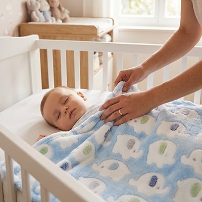 Maman prepare son bébé pour dormir avec sa Couverture bébé bleu