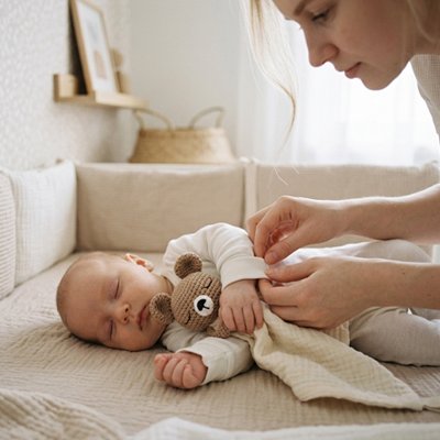 Maman prespare bébé pour dormir en lui donnant le Doudou bebe beige 