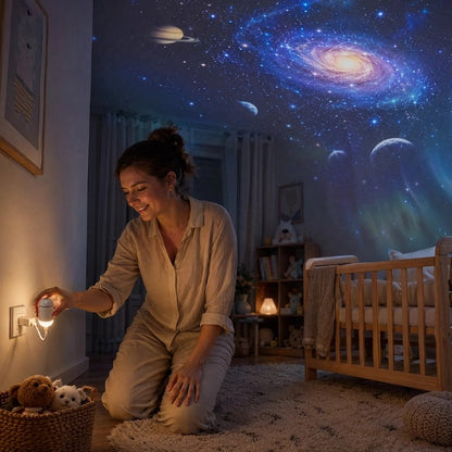 maman qui installe le projecteur sur la prise Projecteur enfant