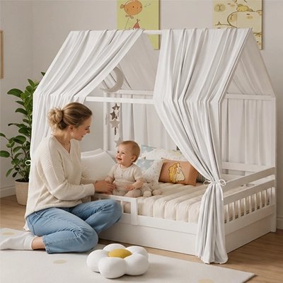 maman qui joue avec son bébé dans le lit couvert d'un Ciel de lit enfant blanc