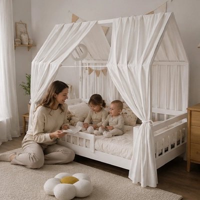 maman qui lit histoire pour ses enfants sous le Ciel de lit enfant