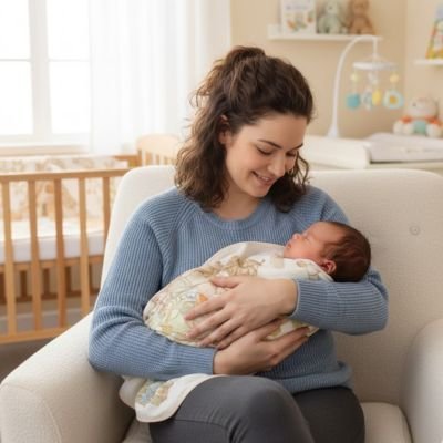 maman qui prend dans ses bras son bébé et recouvert d'une Couverture bébé 