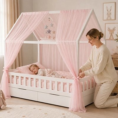 maman qui prepare le lit de son bébé avec le Ciel de lit enfant rose 