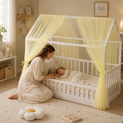 maman regarde avec fierté son bébé qui dort sous Ciel de lit enfant jaune