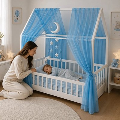 maman surveil son bébé pendant qu'il dort sous Ciel de lit enfant bleu 