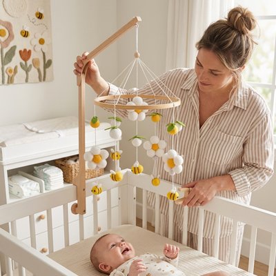 Mobile bébé abeille jaune et support en bois dans la chambre bébé