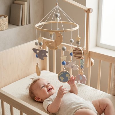 Mobile bebe au dessus de bébé atyle espace avec bébé heureux