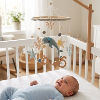 Mobile bebe baleine bleu fixé au lit et bébé tres heureux 
