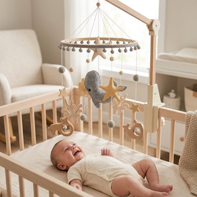 Mobile bebe baleine grise avec bébé qui joue et tres heureux