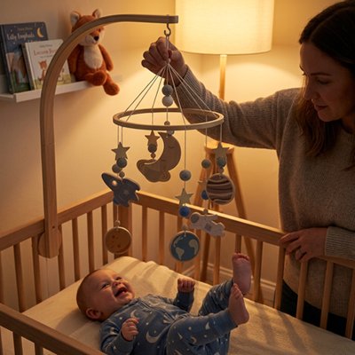 Mobile bebe maman qui ajuste les element du mobile avant que bébé dort