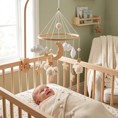 Mobile bébé mouton blanc au dessus de bébé qui est dans son lit heureux
