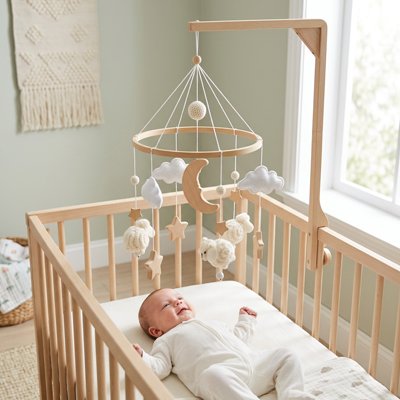 Mobile bébé mouton blanc fixé sur le berceau de bébé qui dort paisiblement