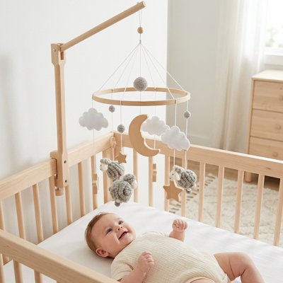 Mobile bébé mouton gris fixé sur le lit de bébé content et heureux de jouer