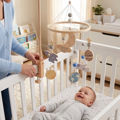 Mobile bebe style astronaute avec fusée au dessus du lit bébé