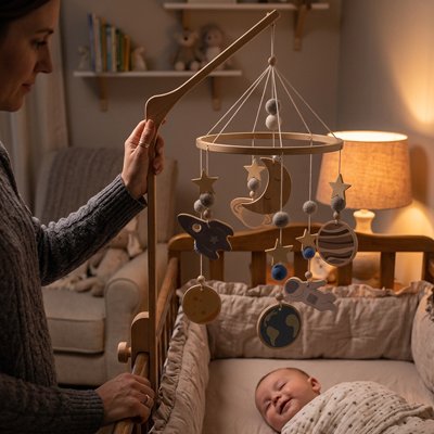 Mobile bebe style espace avec astronaute fixé sur le berceau de bébé