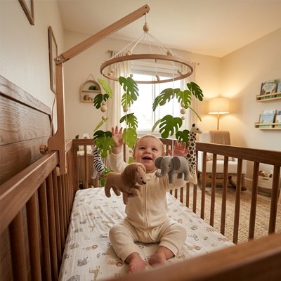 Mobile pour bébé savane et animaux qui montre le mobile attaché au berceau