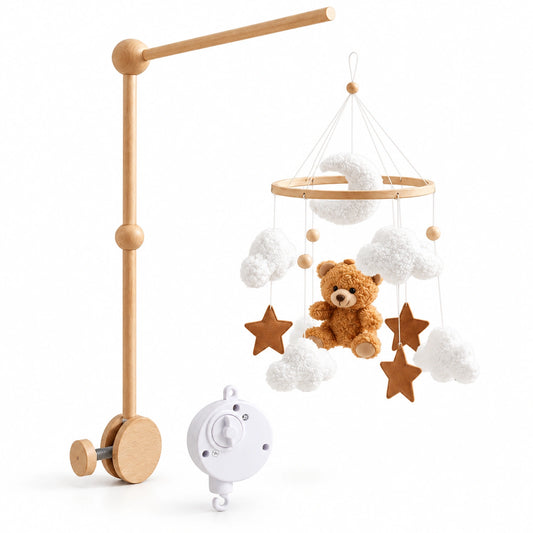 Pack Ourson des Nuages sur fond blanc : mobile ours brun, support en bois et boîte musicale blanche présentés séparément.