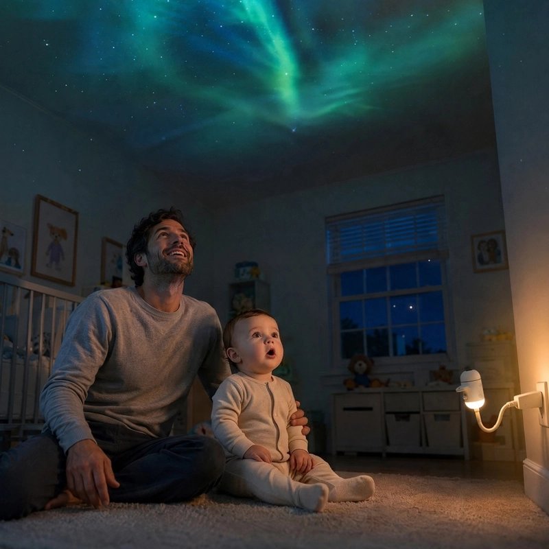 Projecteur enfant pas pas et bébé emerveillé par les projections sur le plafond