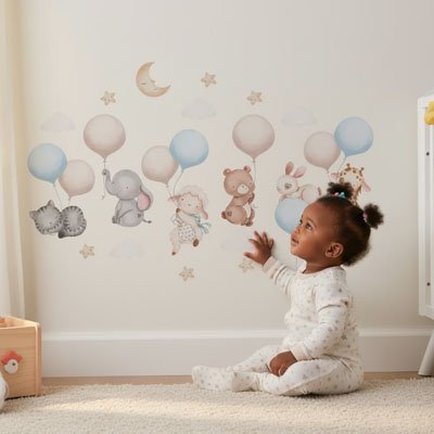 Stickers muraux  animaux et pleins de couleurs avec bébé