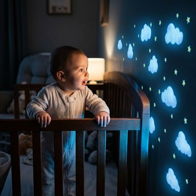 Stickers muraux chambre bébé qui s'emerveille des nuages fluo bleu