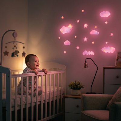 Stickers muraux chambre fluo rose avec bébé dans le berceau 