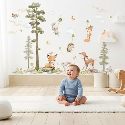 Stickers muraux enfant  bébé content de voir dans la chambre les animaux doux