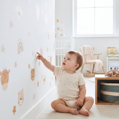 Stickers muraux enfant  bébé qui joue dans la chambre decoré avec des detailles cozy