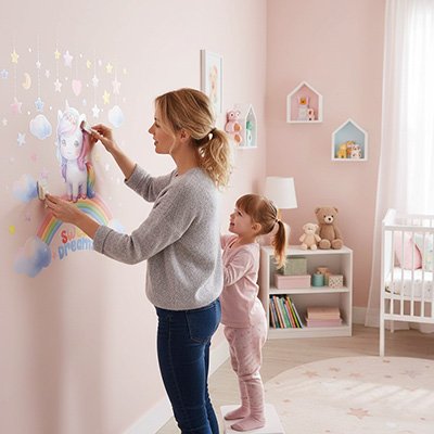 Stickers muraux enfant  decoration magique avec licorne et arc en ciel