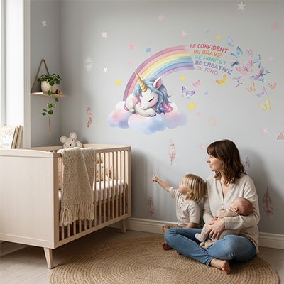 Stickers muraux enfant  licorne et arc en ciel