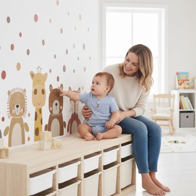 Stickers muraux enfant  maman avec bébé qui joue dans la chambre