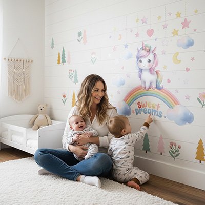 Stickers muraux enfant  maman avec maman qui decorent la chambre de licorne