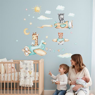 Stickers muraux enfant  maman et bébé content de regarder decore avion dans la chambre