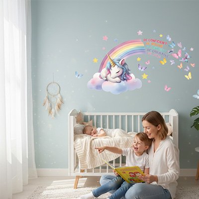Stickers muraux enfant  maman evec bébé dans la chambre decoré avec arc en ciel et licorne