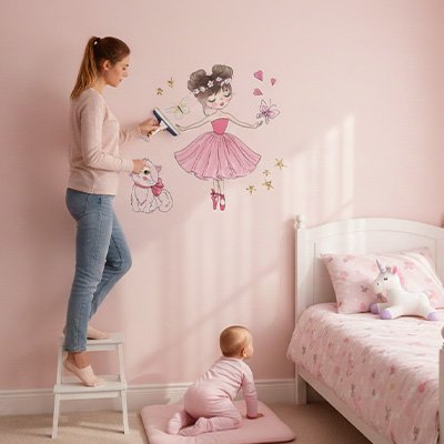 Stickers muraux enfant maman prepare la chambre de bébé