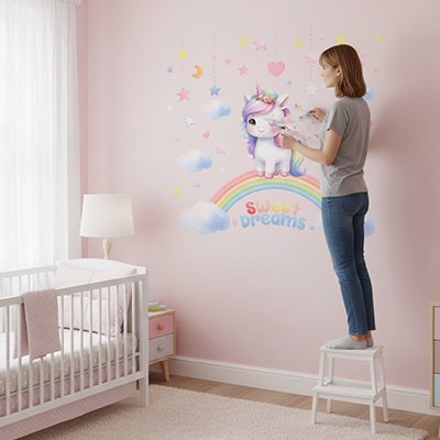 Stickers muraux enfant  manam qui decore la chambre d'une licorne 