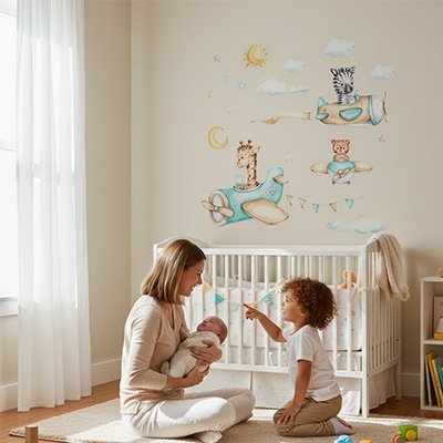 Stickers muraux enfant  theme avion bébé tres content avec maman