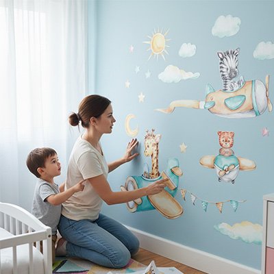 Stickers muraux enfant  theme avion et animaux avec maman et bébé