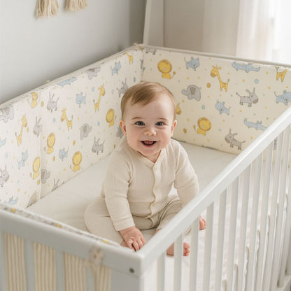un lit avec le tour de lit bébé protège un bébé