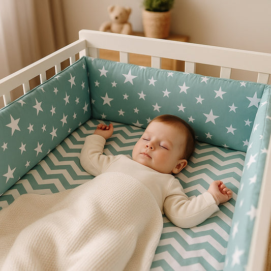 un bébé dort paisiblement dans sont protégé par le tour de lit bébé vert