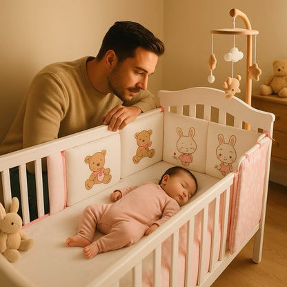 papa qui regarde son bébé dormir dans son lit protégé par le tour de lit bébé 