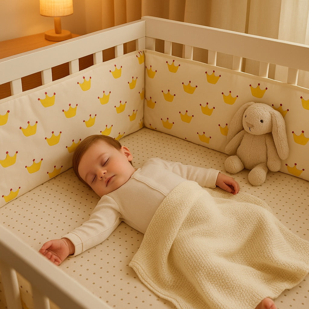 bébé qui dort paisiblement protégé avec le tour de lit bébé couronne