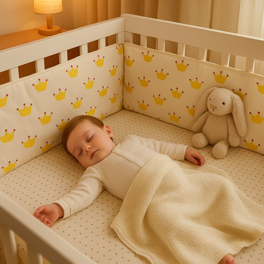 bébé qui dort paisiblement protégé avec le tour de lit bébé couronne