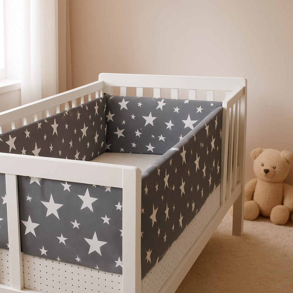 la variante grise du tour de lit bébé est présenté