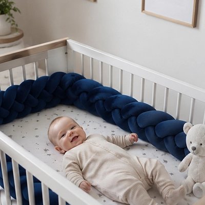 Tour de lit tresse bébé dort paisiblement entouré de latresse bleu