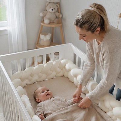 Tour de lit tresse beige avec maman qui aide bébé a dormir